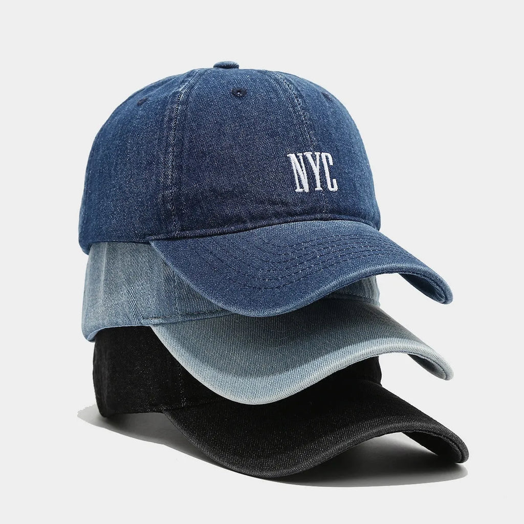 Adjustable denim peaked cap with retro alphabet lettering in black, dark blue and light blue options