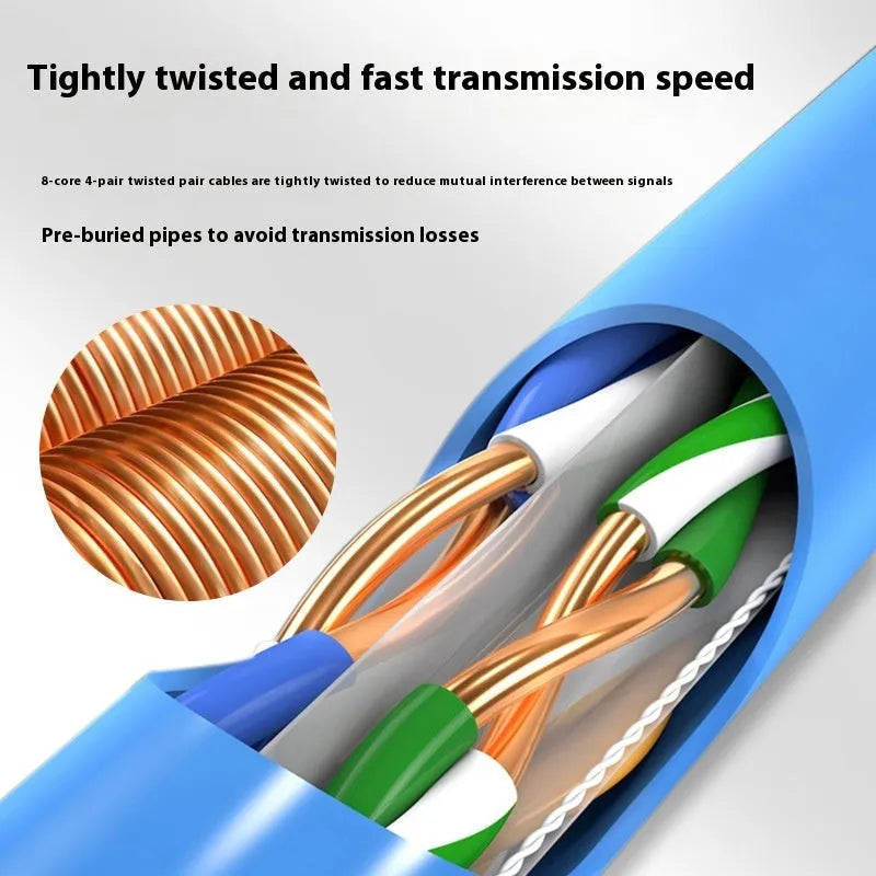 Reel of blue Category 6 network cable with oxygen-free copper core, labelled for gigabit and 10-gigabit speeds.