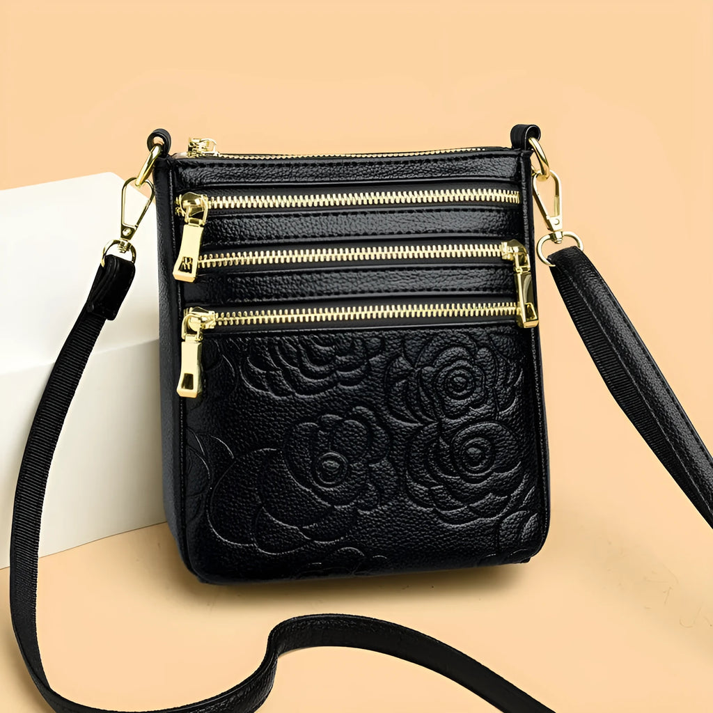 Five-layer soft PU leather embossed shoulder crossbody bag in beige, horizontal square shape, double-jointed strap