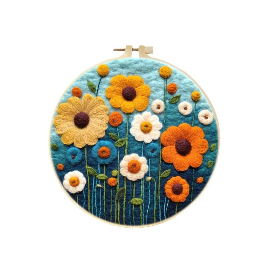 Round linen embroidery frame with wool felt floral decoration kit for three-dimensional wall art