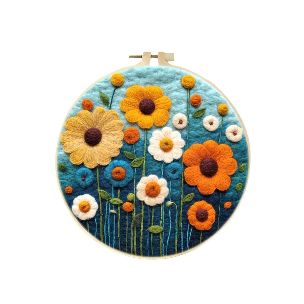 Round linen embroidery frame with wool felt floral decoration kit for three-dimensional wall art