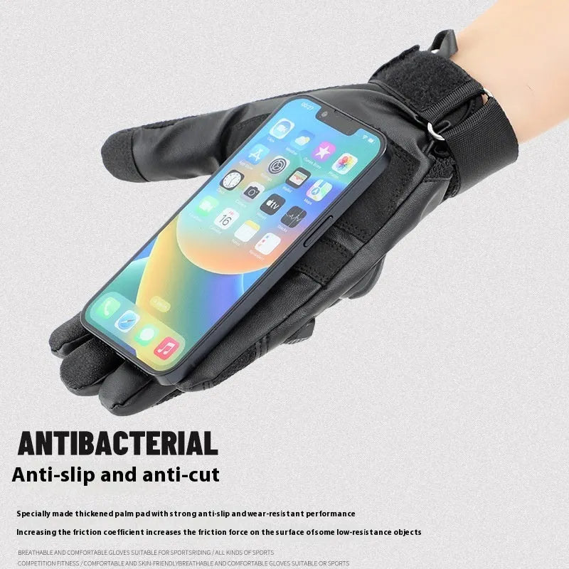 Men's black tactical full finger gloves with touch screen fingertips on a hand.