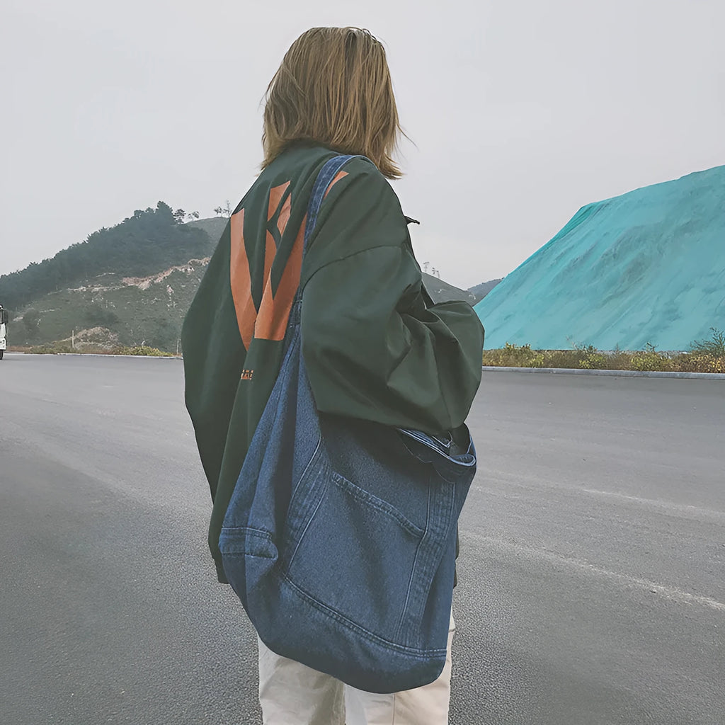 Large canvas tote bag in dark blue or light blue with polyester lining, women's shoulder bag.