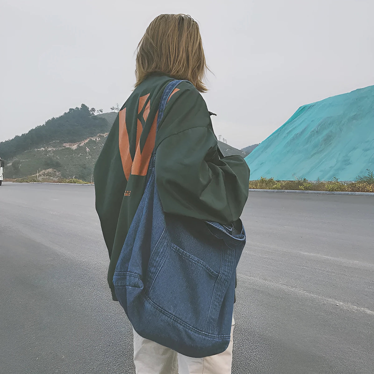 Large canvas tote bag in dark blue or light blue with polyester lining, women's shoulder bag.