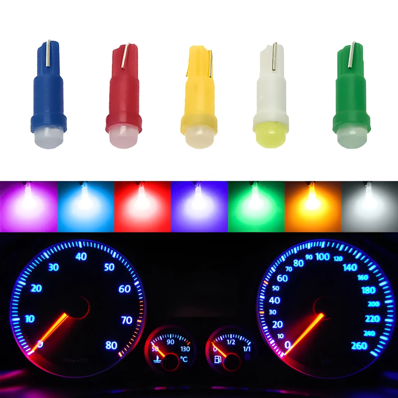 T5 car LED instrument light bulb with 1SMD COB technology in multiple colour options