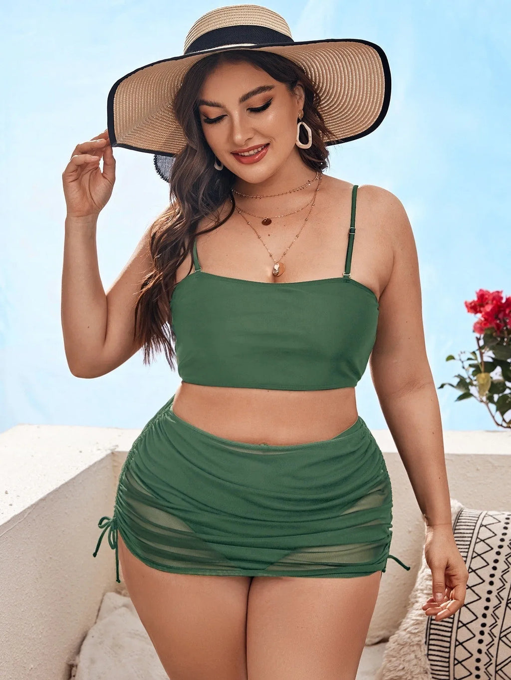 Women's solid colour mesh bikini three-piece set with apron in spandex material