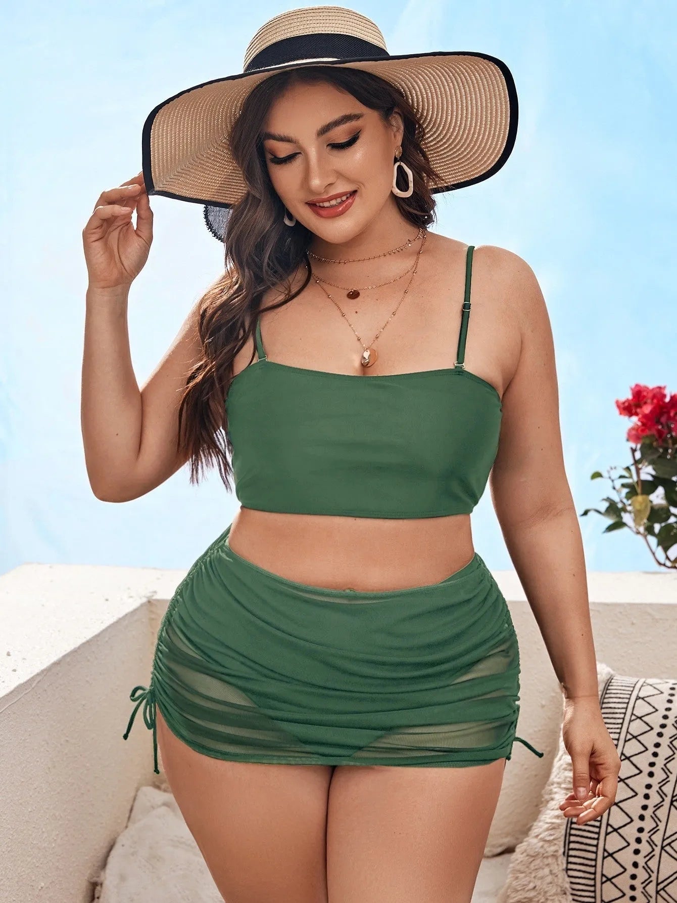 Women's solid colour mesh bikini three-piece set with apron in spandex material