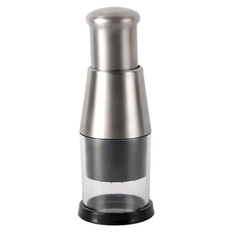 Manual garlic crusher and onion chopper in black with stainless steel blades on a kitchen counter