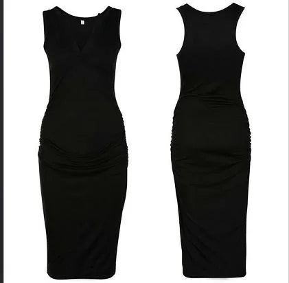 A solid-colour sleeveless maternity dress with a deep V-neck, shown on a model.