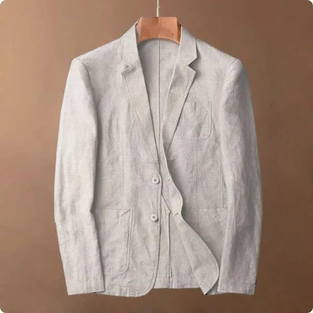Men's thin linen suit coat in a solid colour with a stick pocket on the chest.