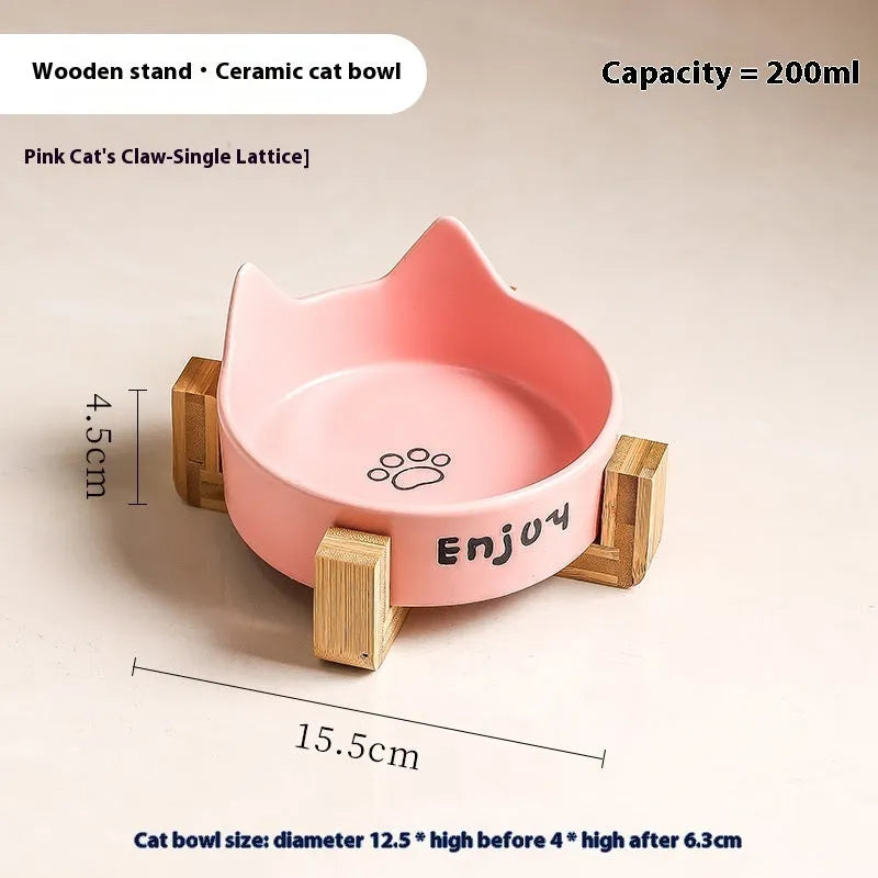 Ceramic cat bowl set with wooden anti-slip frame in cat paw design