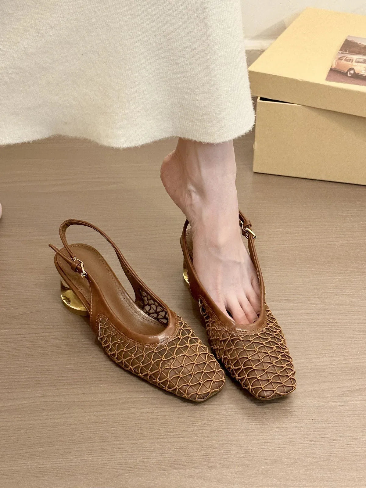 Brown square toe woven slingback sandals for women with rubber sole