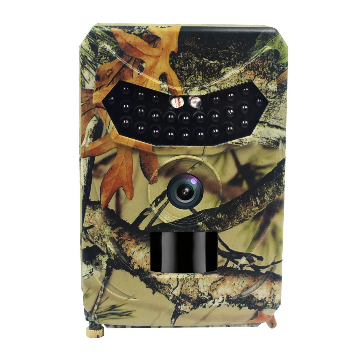 Yellow brown 16MP infrared game trail camera showing lens and housing on a tree branch.