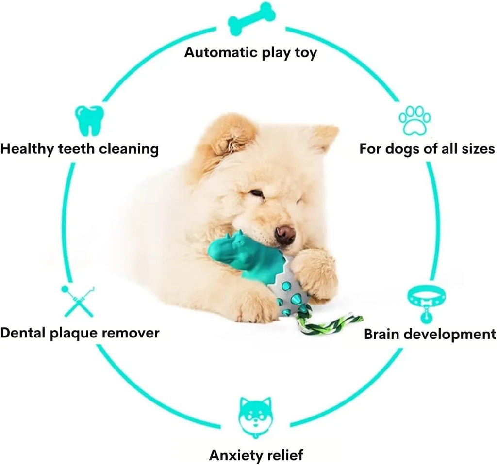 Blue dinosaur-shaped dog chew toy with rubber body and nylon rope tail.