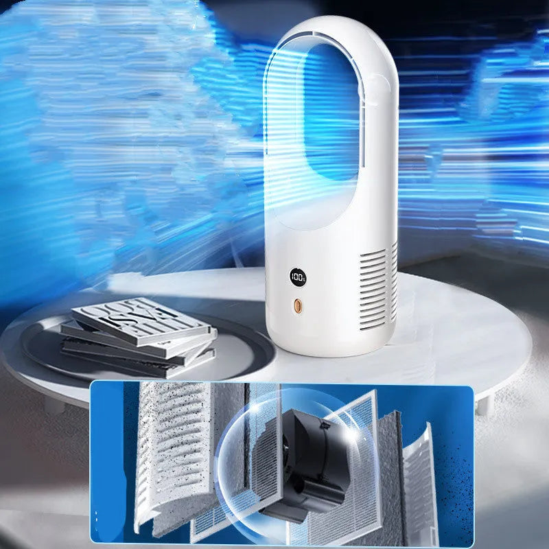 USB rechargeable bladeless desktop fan X28 with LED display showing silent portable cooling