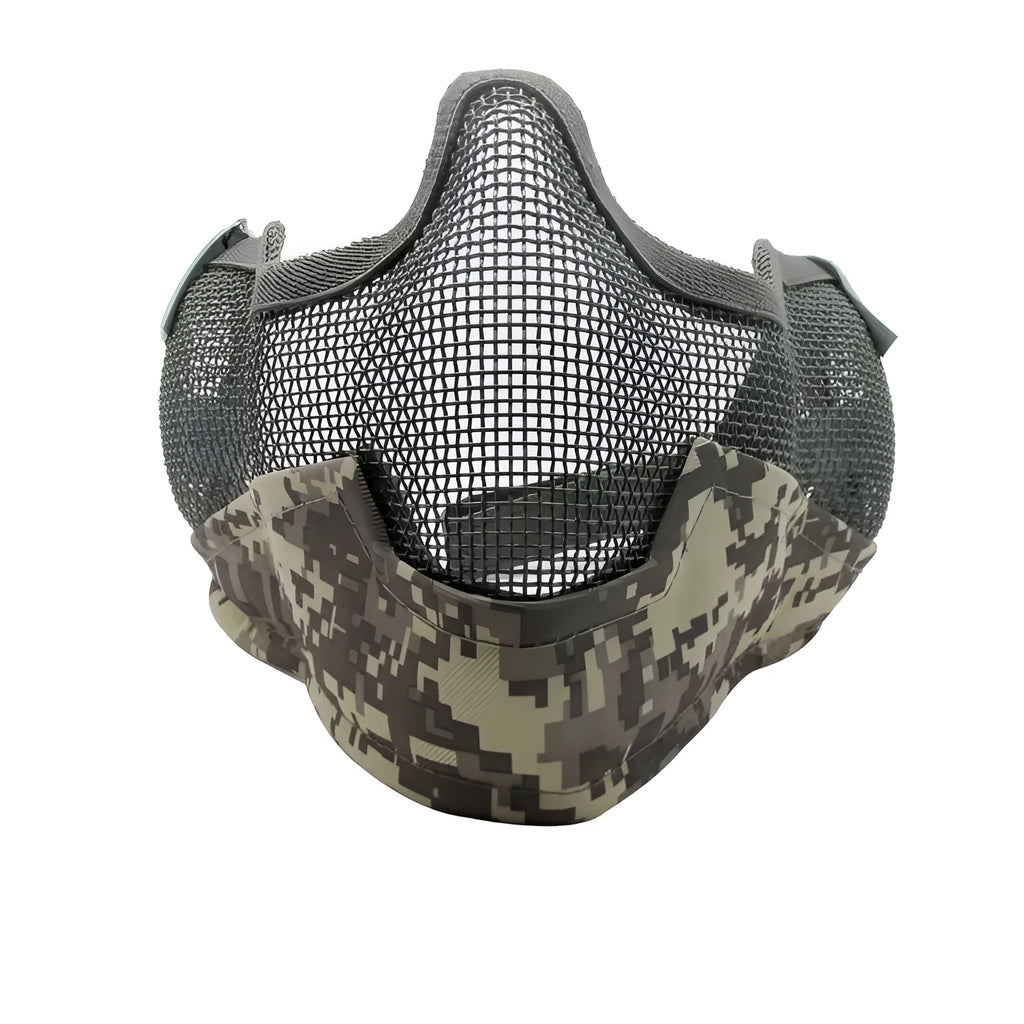 Carbon steel head-mounted net face mask in camouflage colour option.