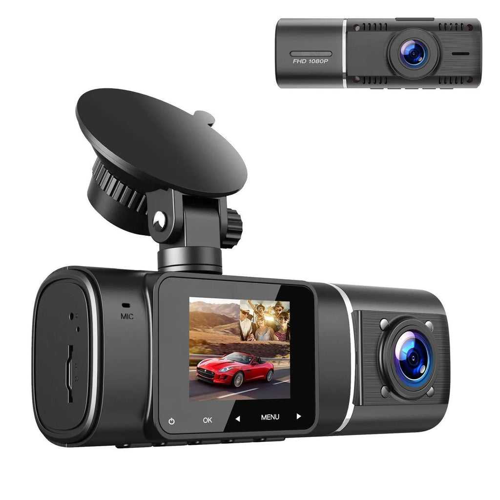 Black dual-lens car dash cam with 1.5-inch screen, mount, and car charger on a dashboard.