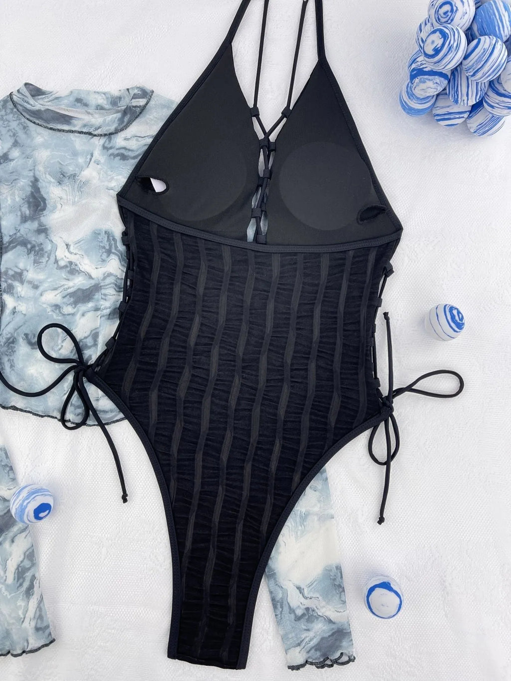 Black solid colour women's one-piece swimsuit with polyester fabric