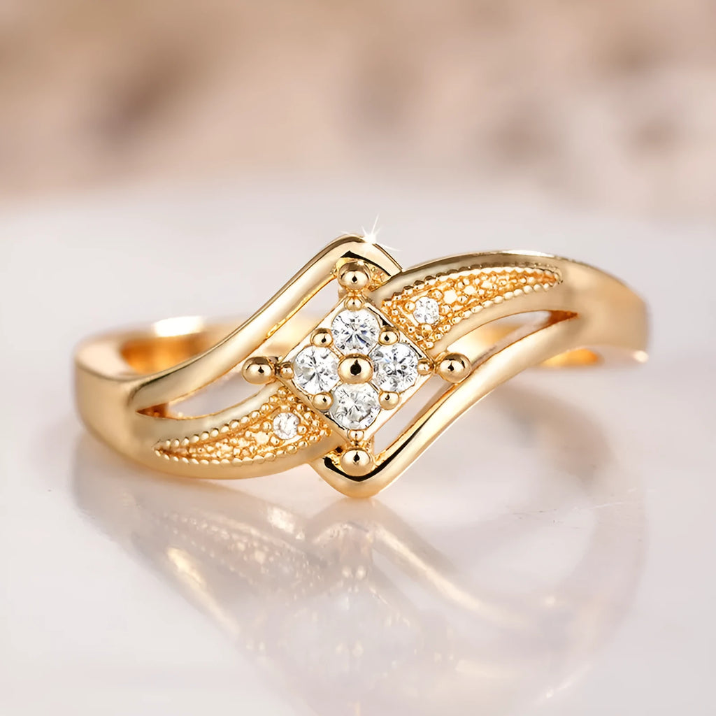 Women's copper diamond ring with micro inlaid zircon ornament in yellow gold colour showing geometric design