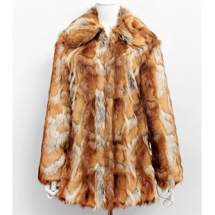 Women's slim-fit tiger pattern faux fur leather jacket with long sleeves on a model.
