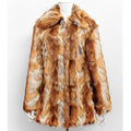 Women's slim-fit tiger pattern faux fur leather jacket with long sleeves on a model.