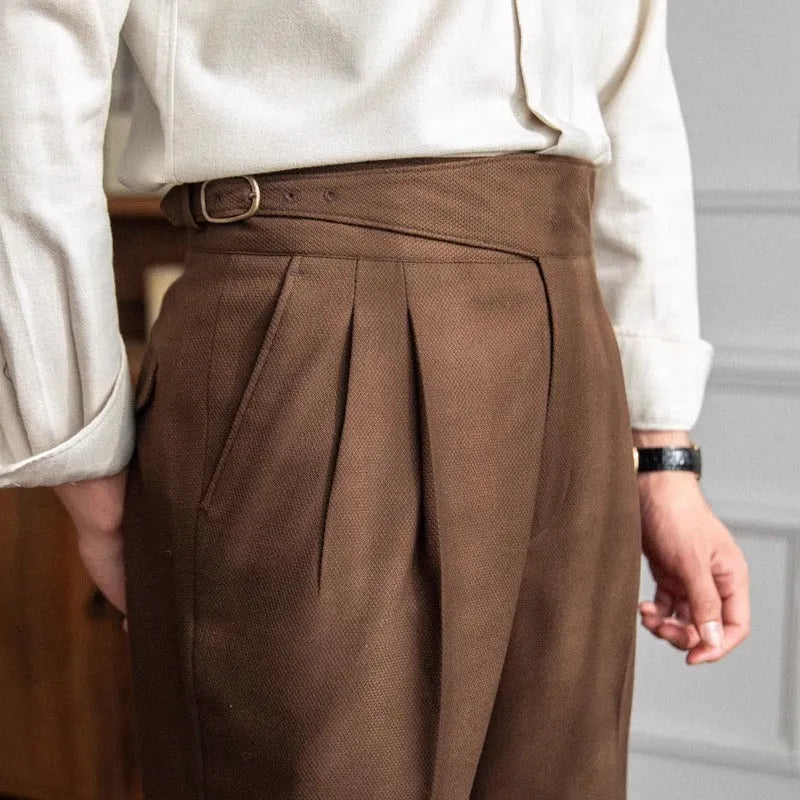Men's high waist straight leg casual trousers in black, white, khaki, and coffee brown colours