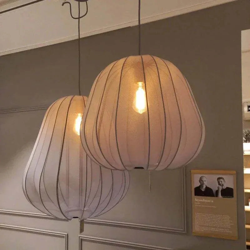 Japanese-style grey blue iron branch ceiling lamp with a net pumpkin shade and integrated LED lights
