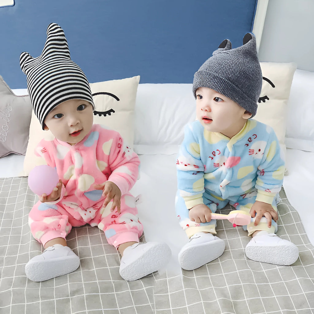 Long sleeve baby onesie romper in thicker flannel fabric with panda print design