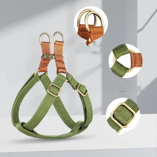 Brown vest style dog leash with cotton belt and alloy fastener for chest and back connection