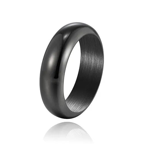 Glossy electroplated titanium steel ring shown in gold, black, and steel colour on a plain background.