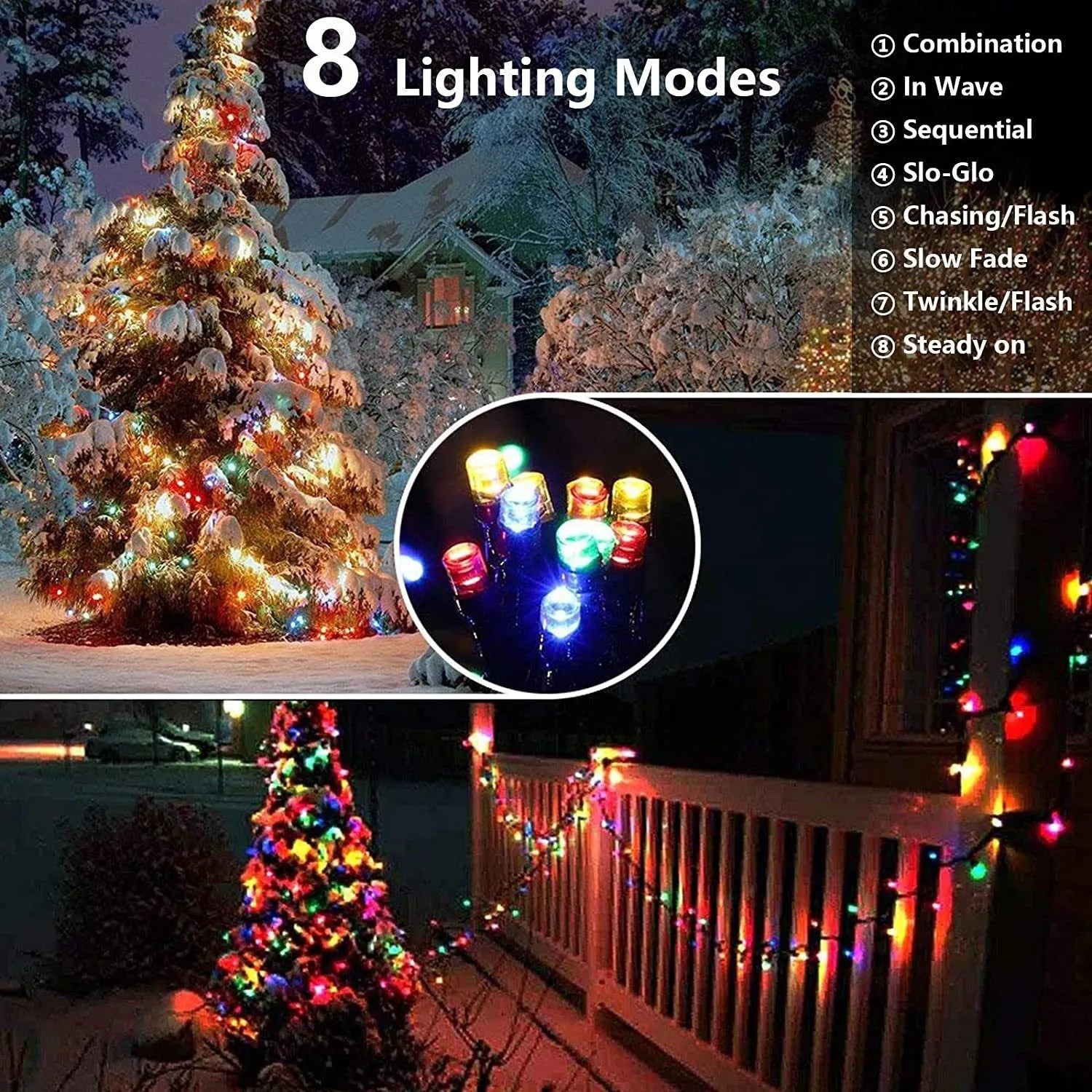 Solar-powered LED string lights with warm white bulbs on a garden fence at dusk