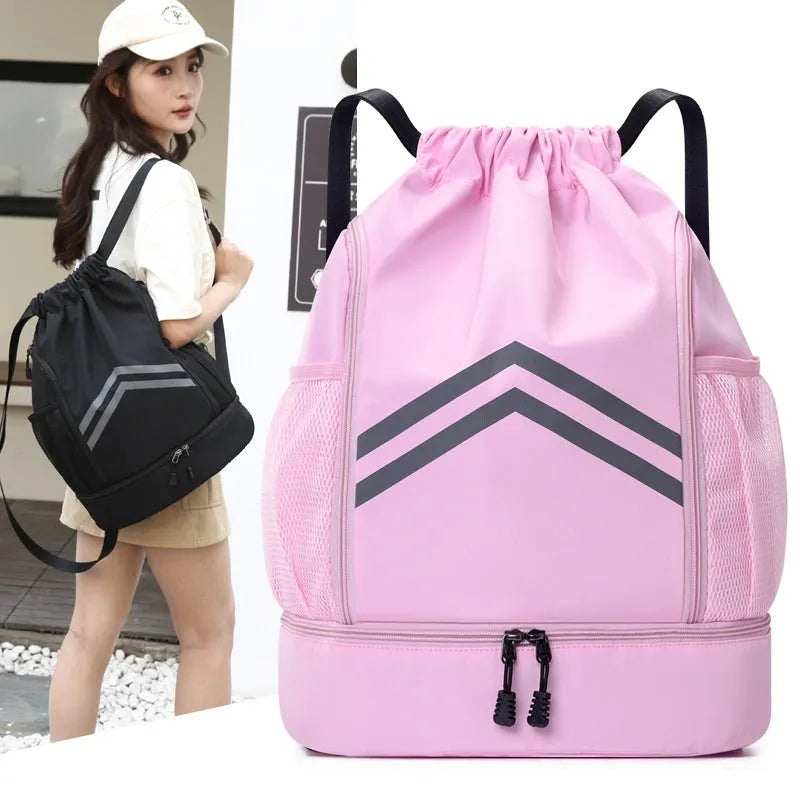 Men's reflective drawstring sports backpack in Oxford cloth with curved shoulder strap, available in multiple colours for outdoor activities