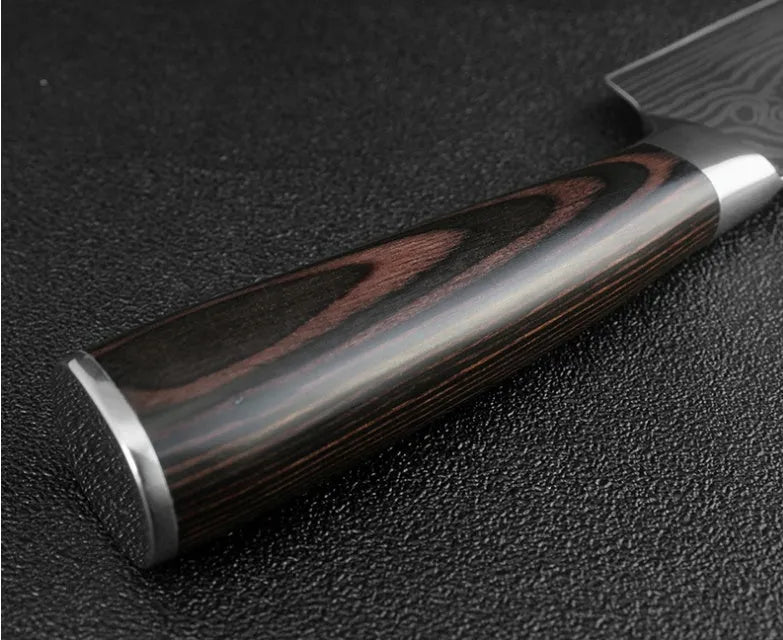 Carpenter's Special kitchen knife with laser Damascus pattern blade and coloured wood handle