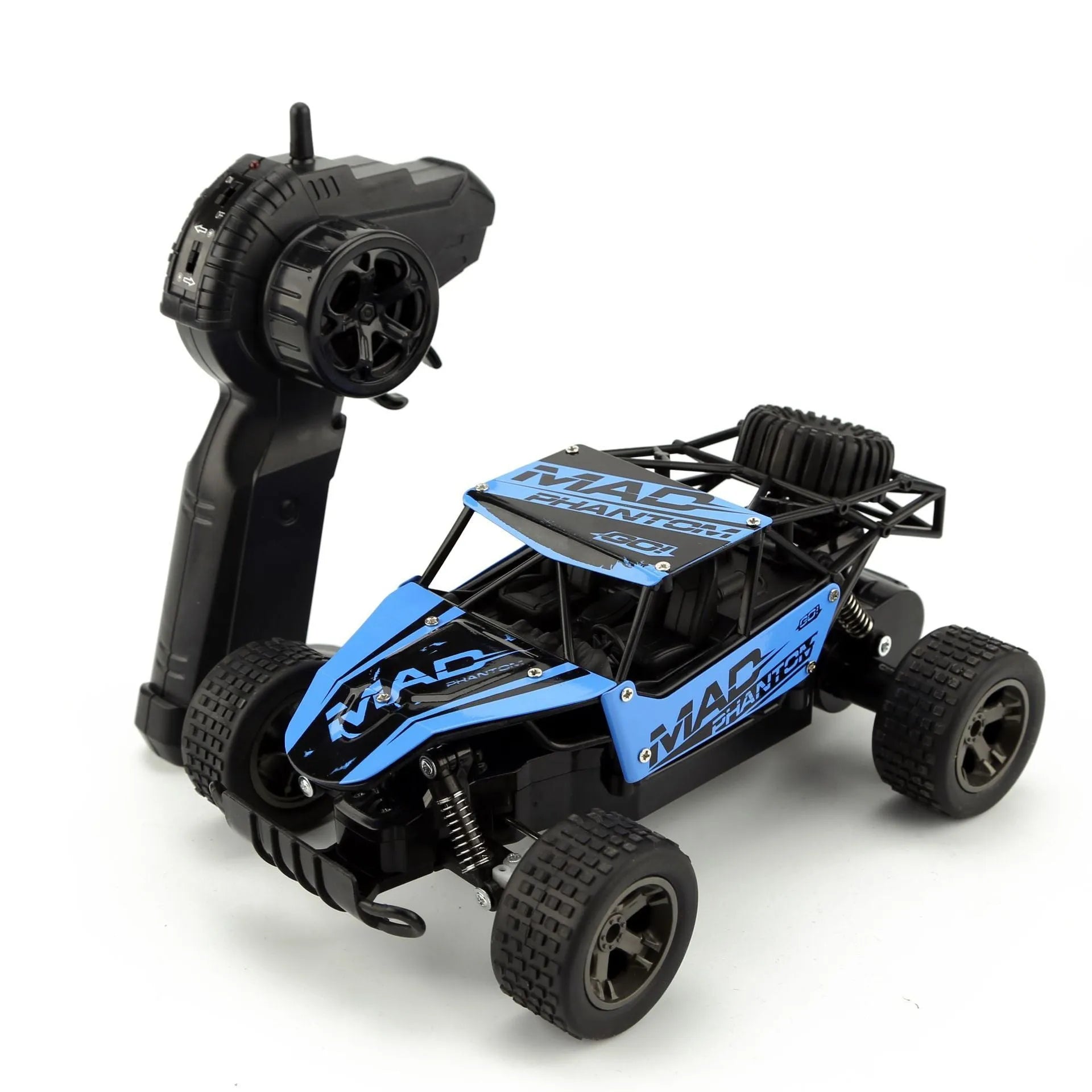 Blue 1:18 scale remote control off-road drift car with 2.4GHz remote on a grey surface.