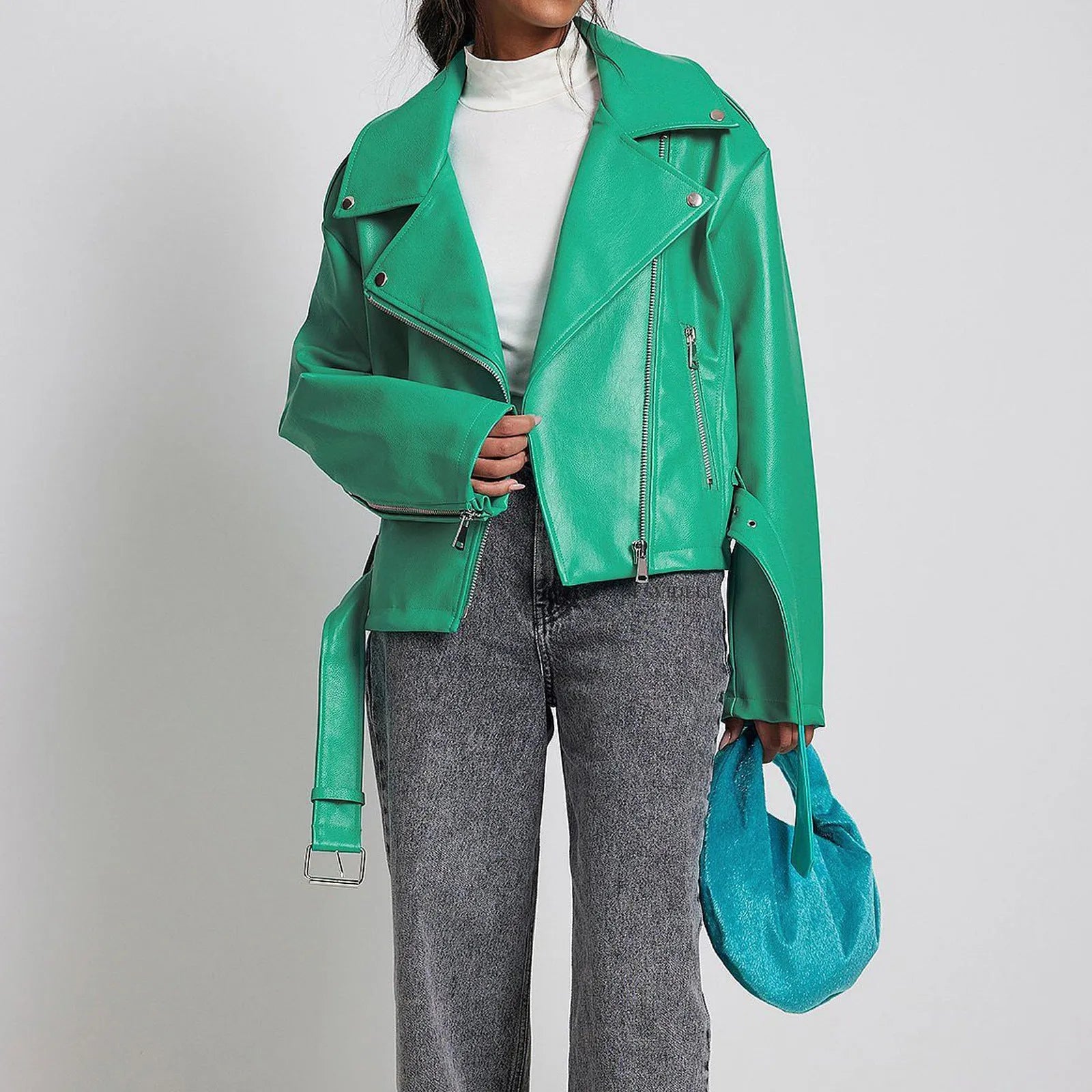 Black punk-style short jacket with a Peter Pan collar, pointed lapels, and a drawstring waist.