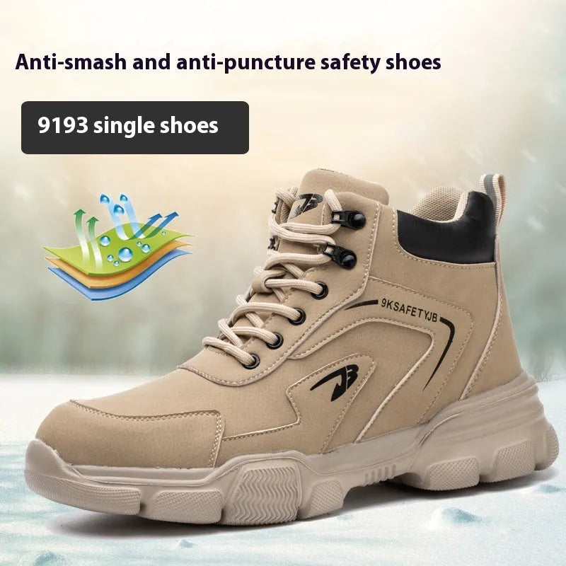 Brown labour protection shoes with leather upper and rubber sole, anti-smashing and puncture resistant design