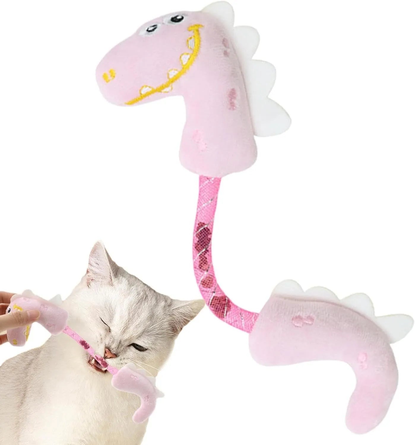 Set of four cat chew toys including plush mouse, fish, bunny and catnip rope toys for teeth cleaning