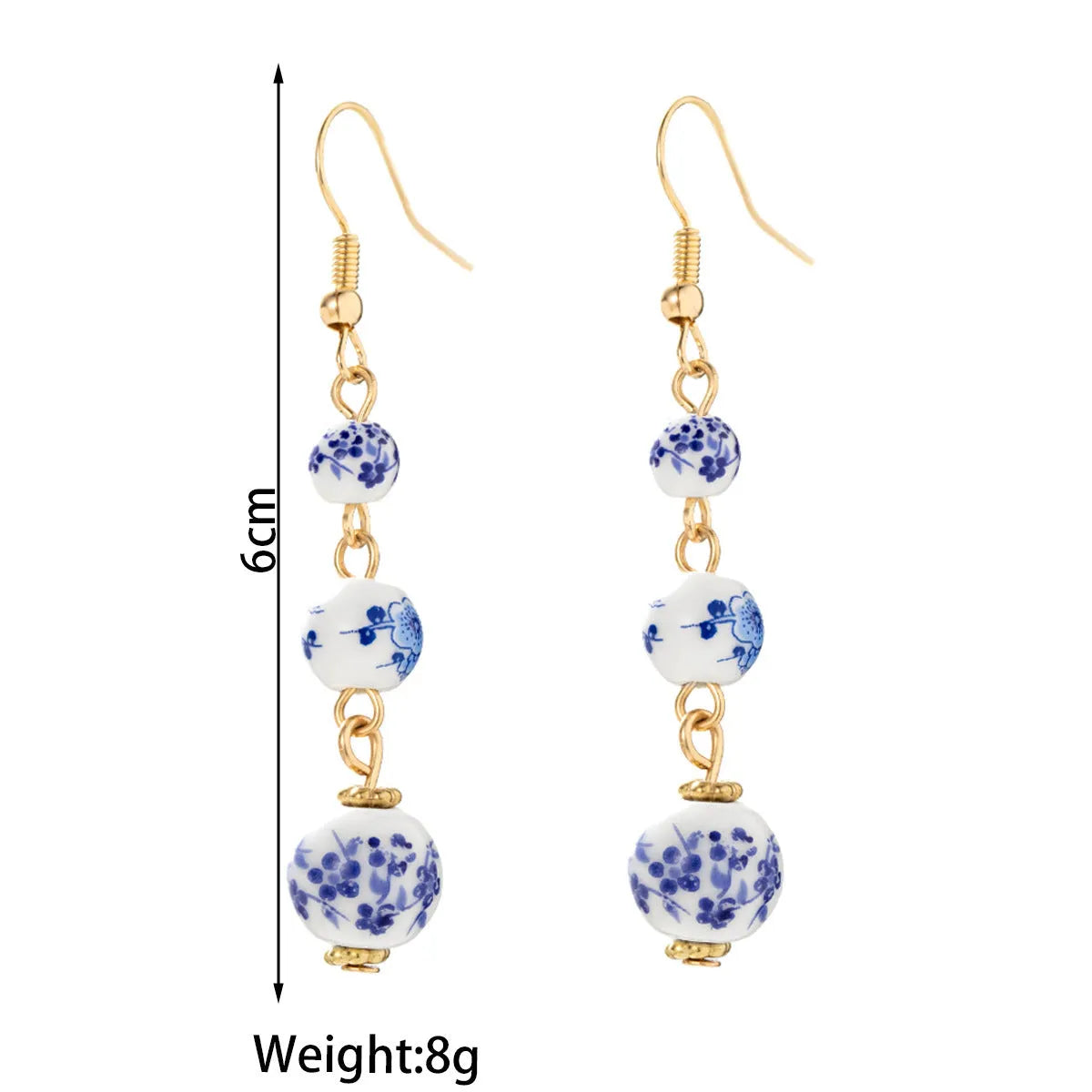Blue and white porcelain ceramic bead long retro earrings with alloy metal geometric design