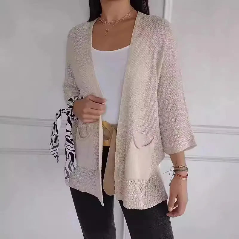 Women's waffle weave cardigan coat with nine-quarter sleeves in army green colour