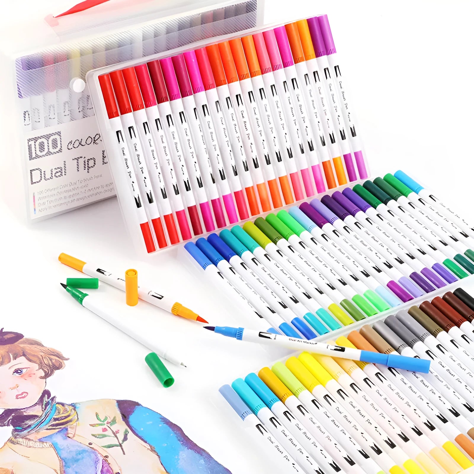 Set of watercolour pens in a case showing multiple colour options for artistic use.