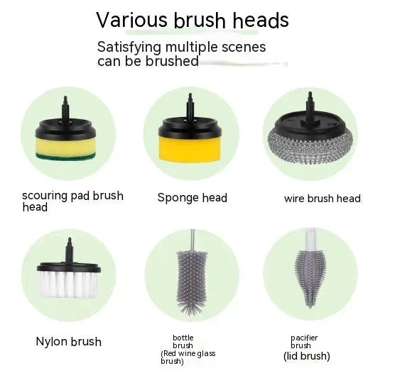 White electric cleaning brush with rotating scrub head and separate scouring pad attachment