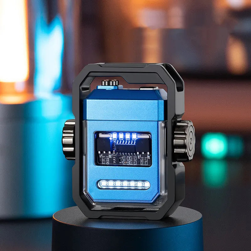 Blue zinc alloy electric arc lighter with a spinning mechanical gyroscope on a black background.