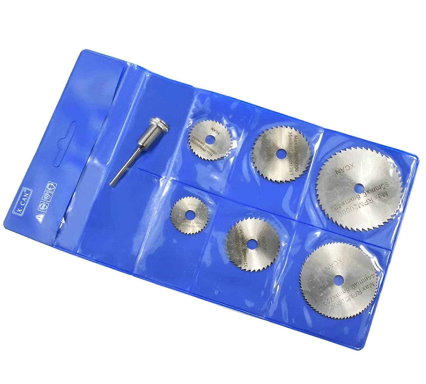 Set of six high-speed steel circular saw blades and a mandrel on a white background