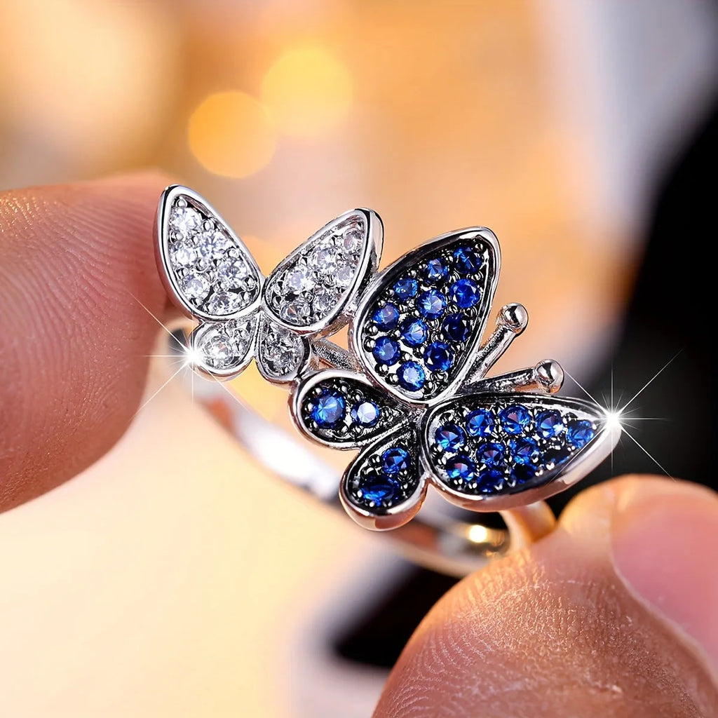 Blue and white butterfly ring for women in electroplated copper, sizes 6-10 available