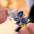 Blue and white butterfly ring for women in electroplated copper, sizes 6-10 available