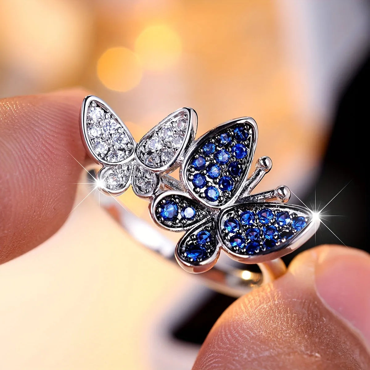 Blue and white butterfly ring for women in electroplated copper, sizes 6-10 available