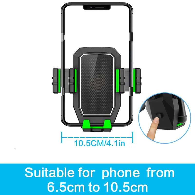 Green ABS plastic car cup holder organiser rack holding a travel mug and a mobile phone.