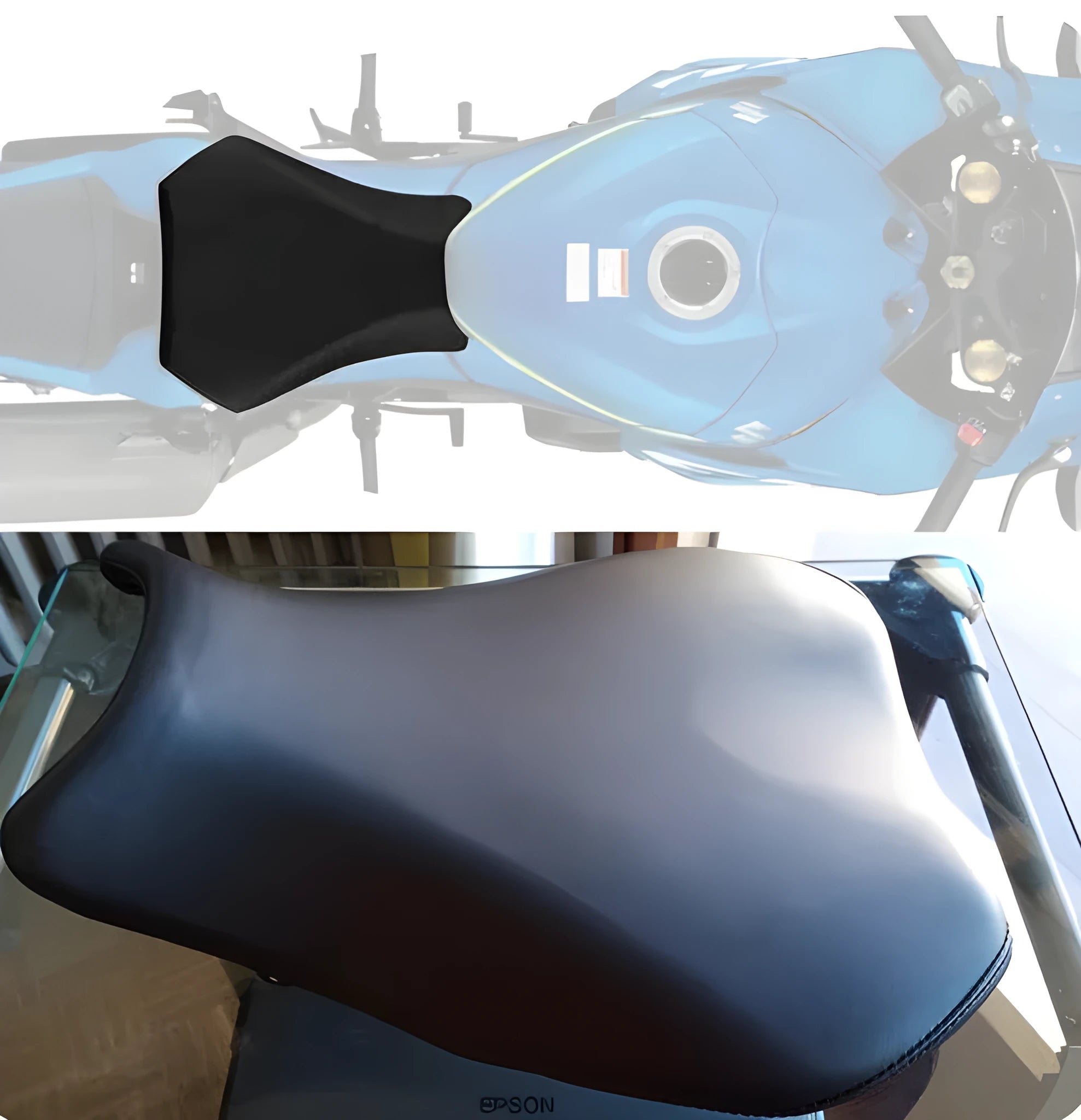 Black PU leather seat cover fitted on a Suzuki GSXR1000 motorbike, showing front and rear set.