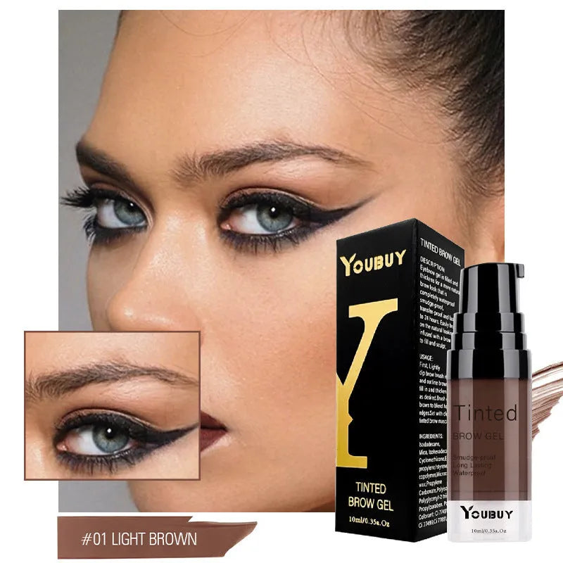 Waterproof brow cream tube in dark grey or golden yellow shades with eyebrow dye formulation