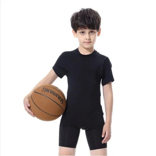 Children's sportswear set with polyester spandex athletic clothing in black and green colours